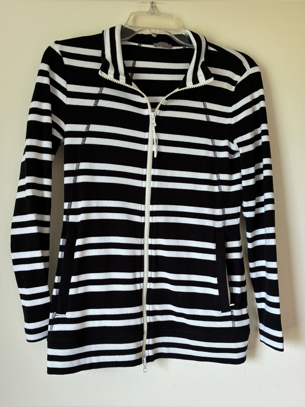 T by Talbots Zip Up Jacket, Sz. SP, Blk/Wh Striped, 2 Way Zipper, Front Pockets